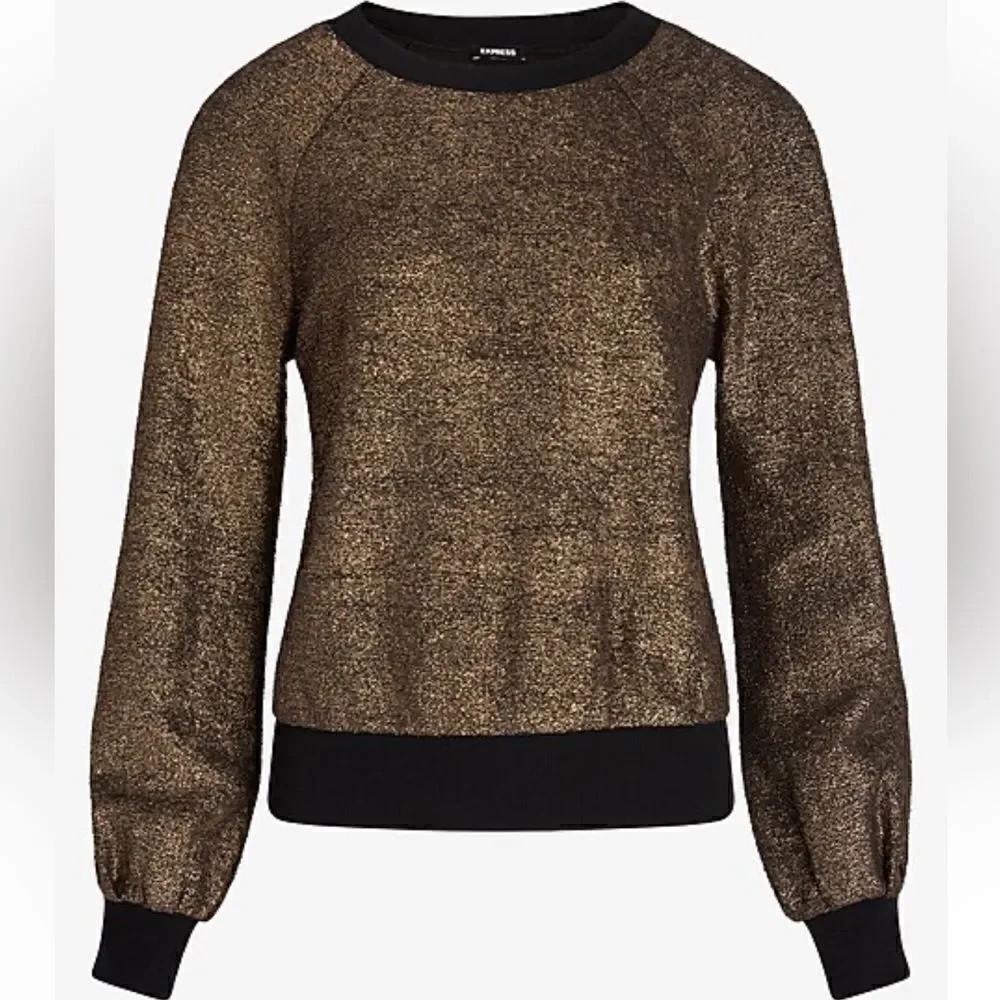 Express Metallic Gold Balloon Sleeve Crew Neck Sweatshirt